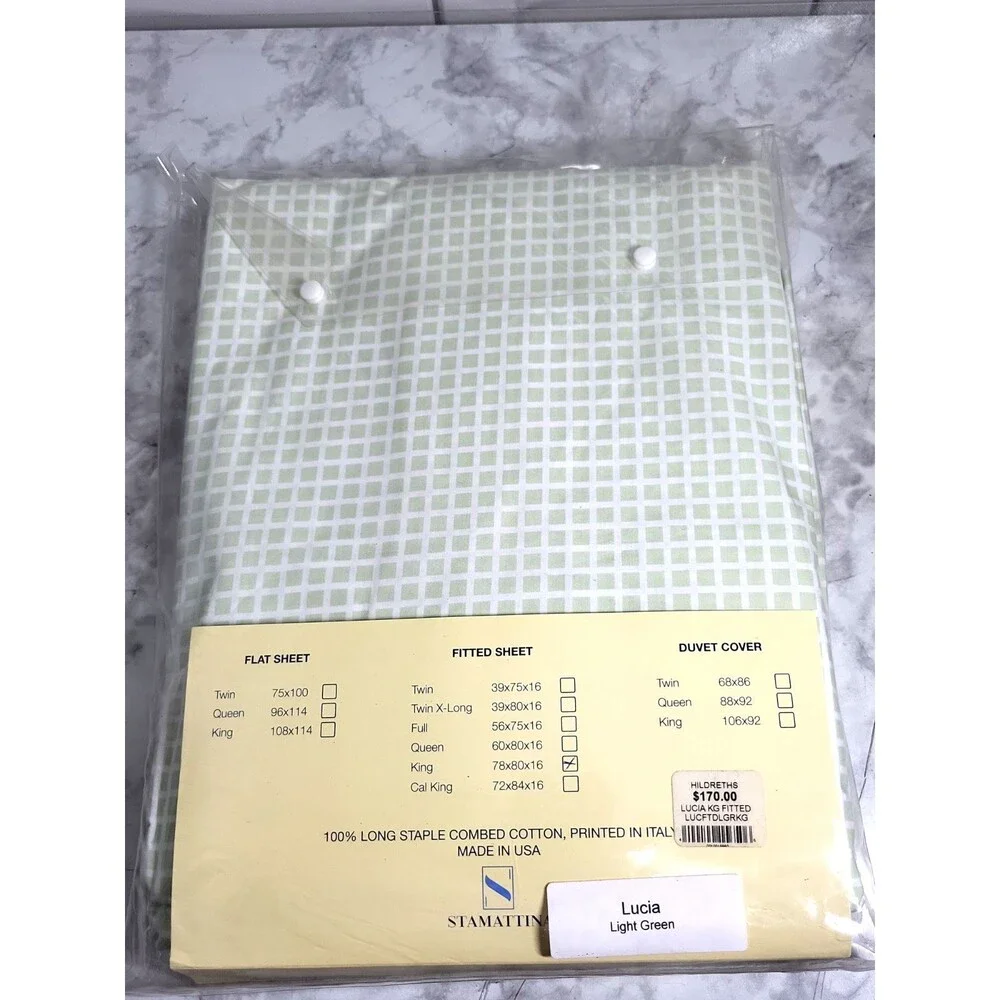 NWT Stamattina Lucia Light Green Grid King Flat Sheet & Shams Cotton Italy USA